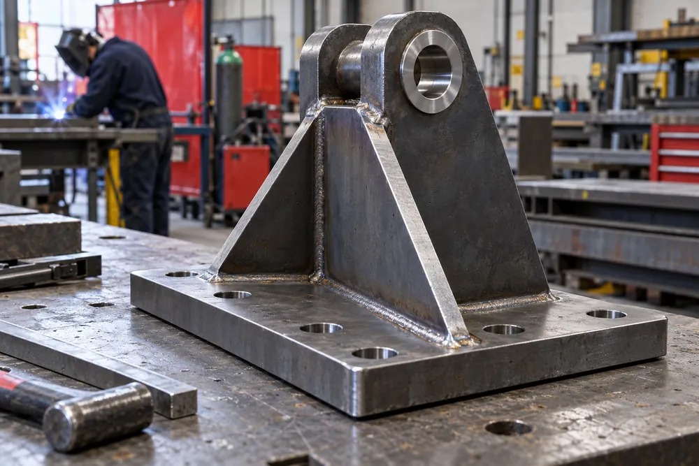 Fabricated steel bracket and drilled baseplate showing connection details