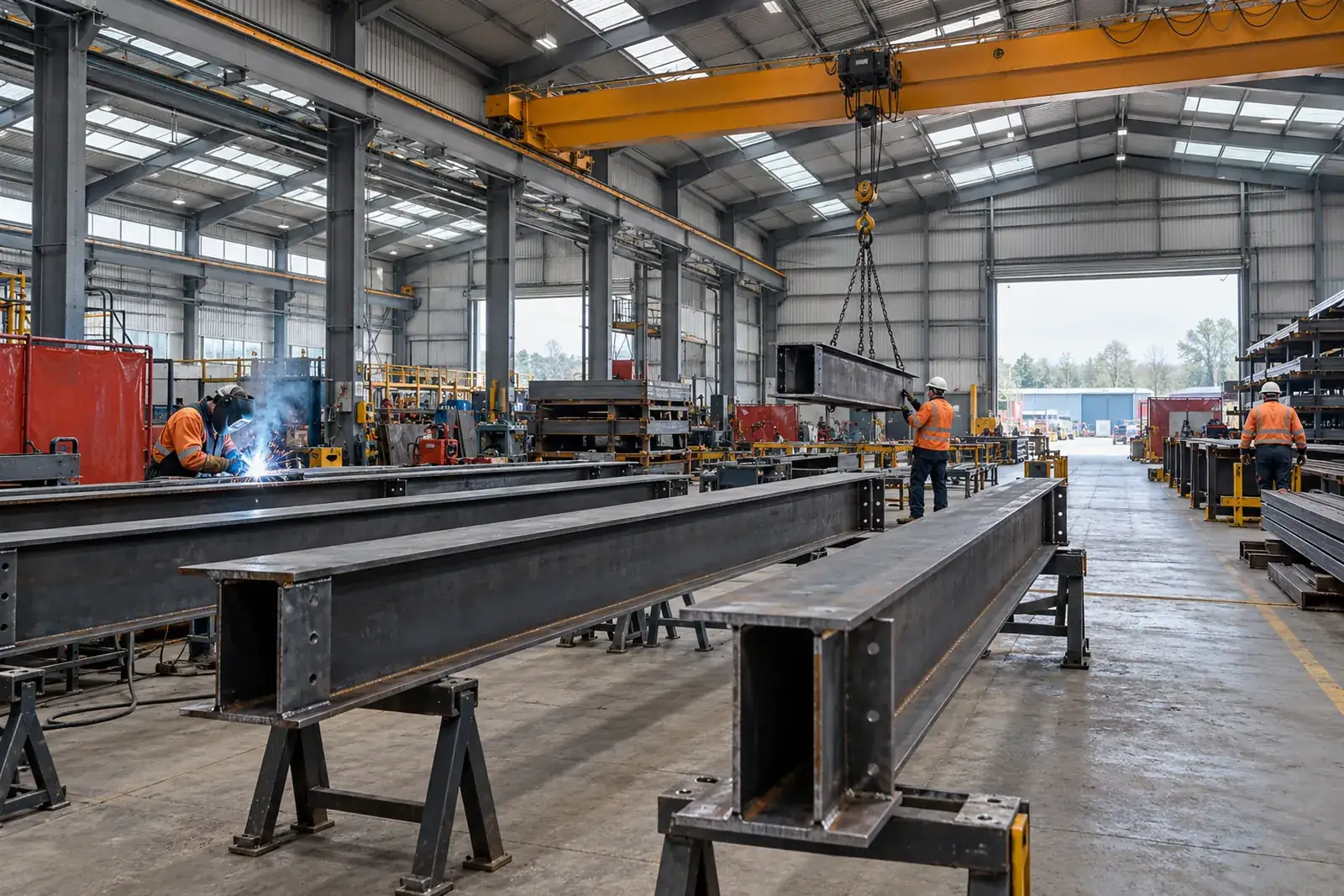 Steel sections and fabrication benches inside an industrial workshop